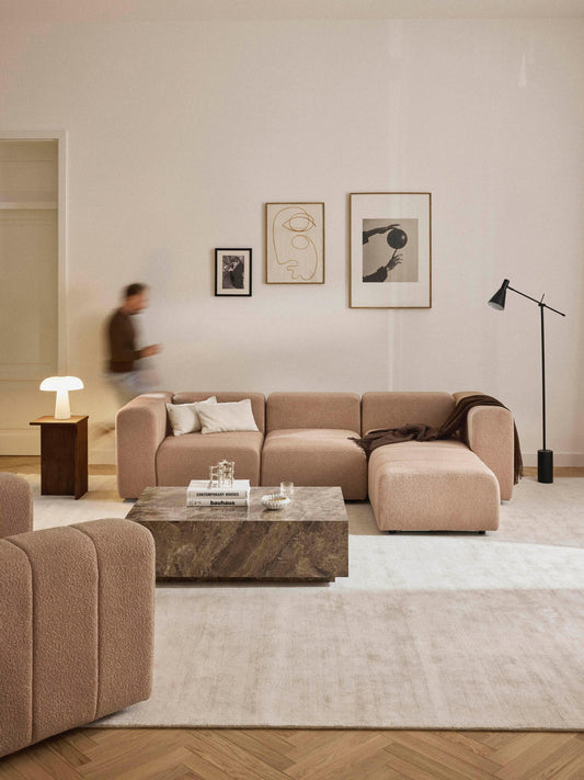 Modulares Bouclé-Sofa Lena (4-Sitzer) mit Hocker (links/rechts)
