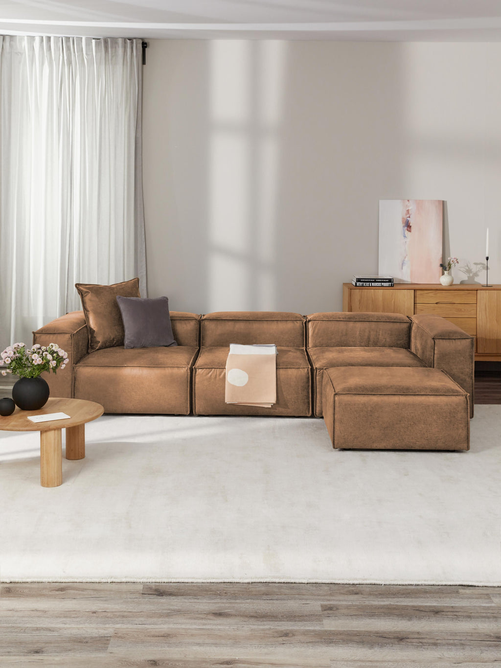Modulares Sofa Lennon (4-Sitzer) aus Leder mit Hocker (links/rechts)