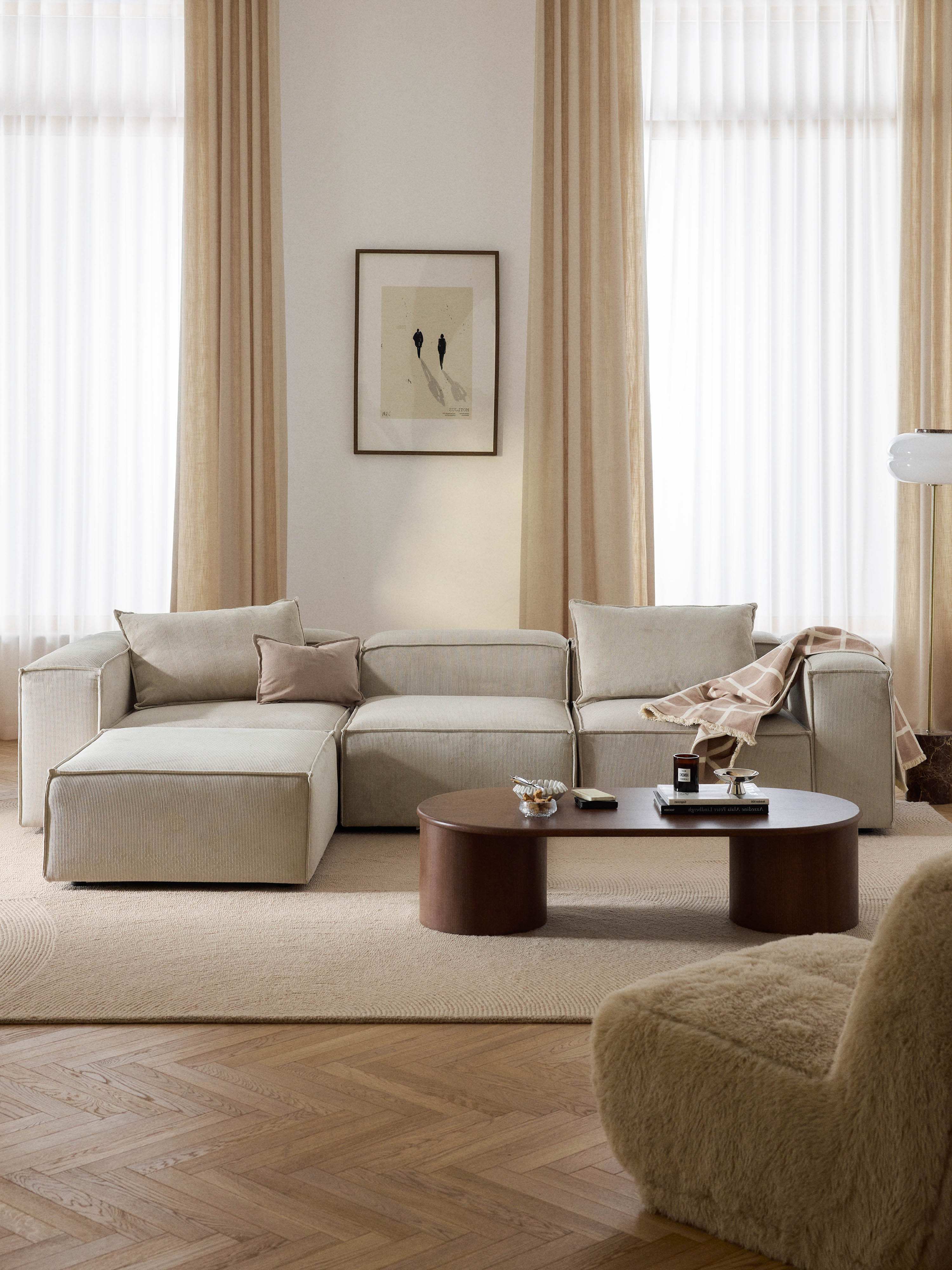 Modulares Sofa Lennon (4-Sitzer) aus Cord mit Hocker (links/rechts)