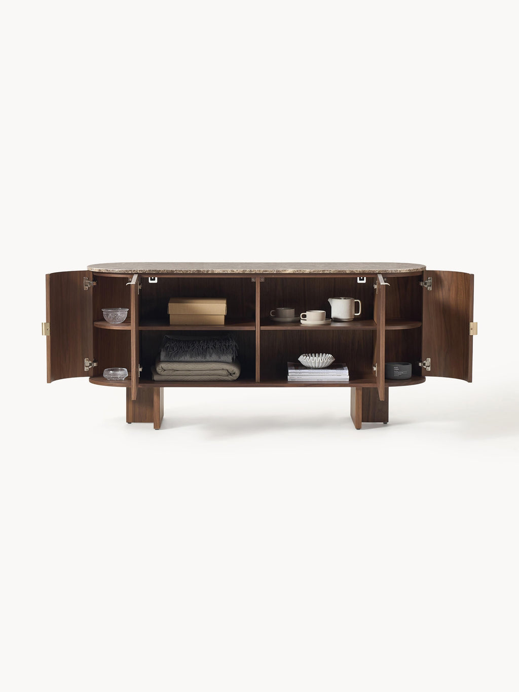 Holz-Sideboard Zumi mit abgerundeten Ecken und Marmorplatte