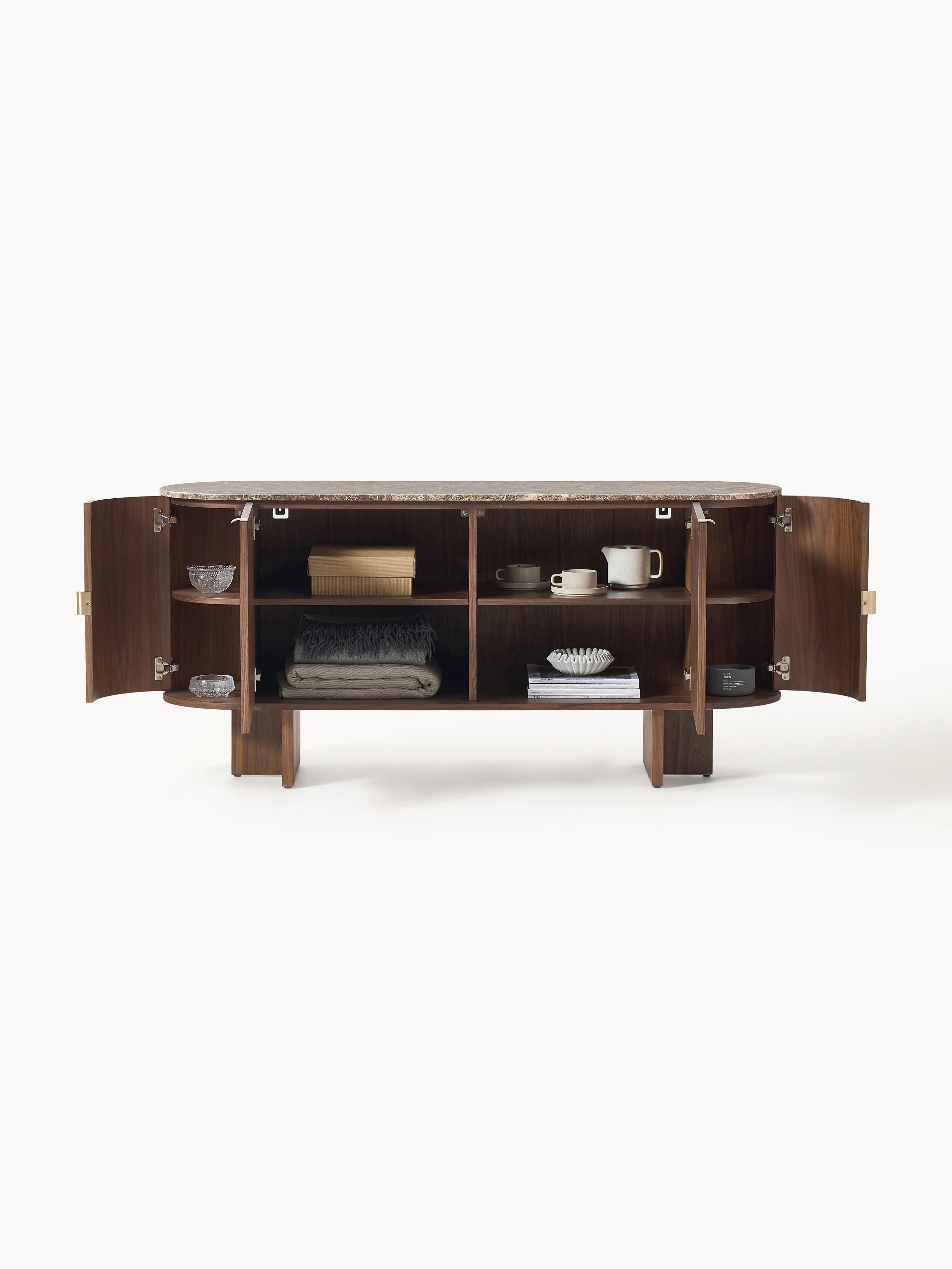 Holz-Sideboard Zumi mit abgerundeten Ecken und Marmorplatte