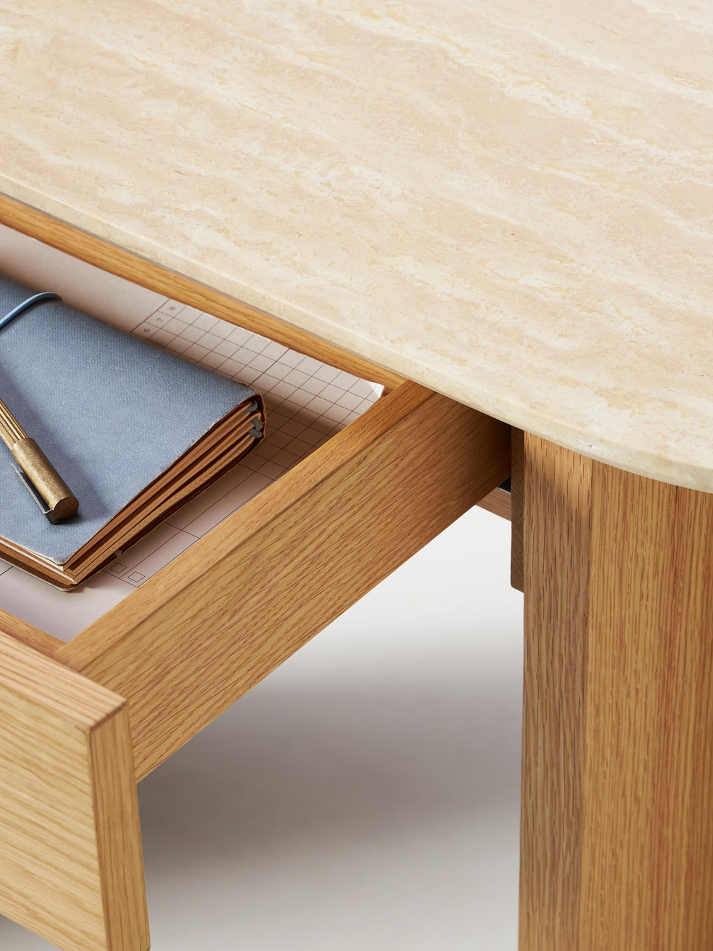 Holz-Konsole Zumi mit Travertinplatte und Schublade