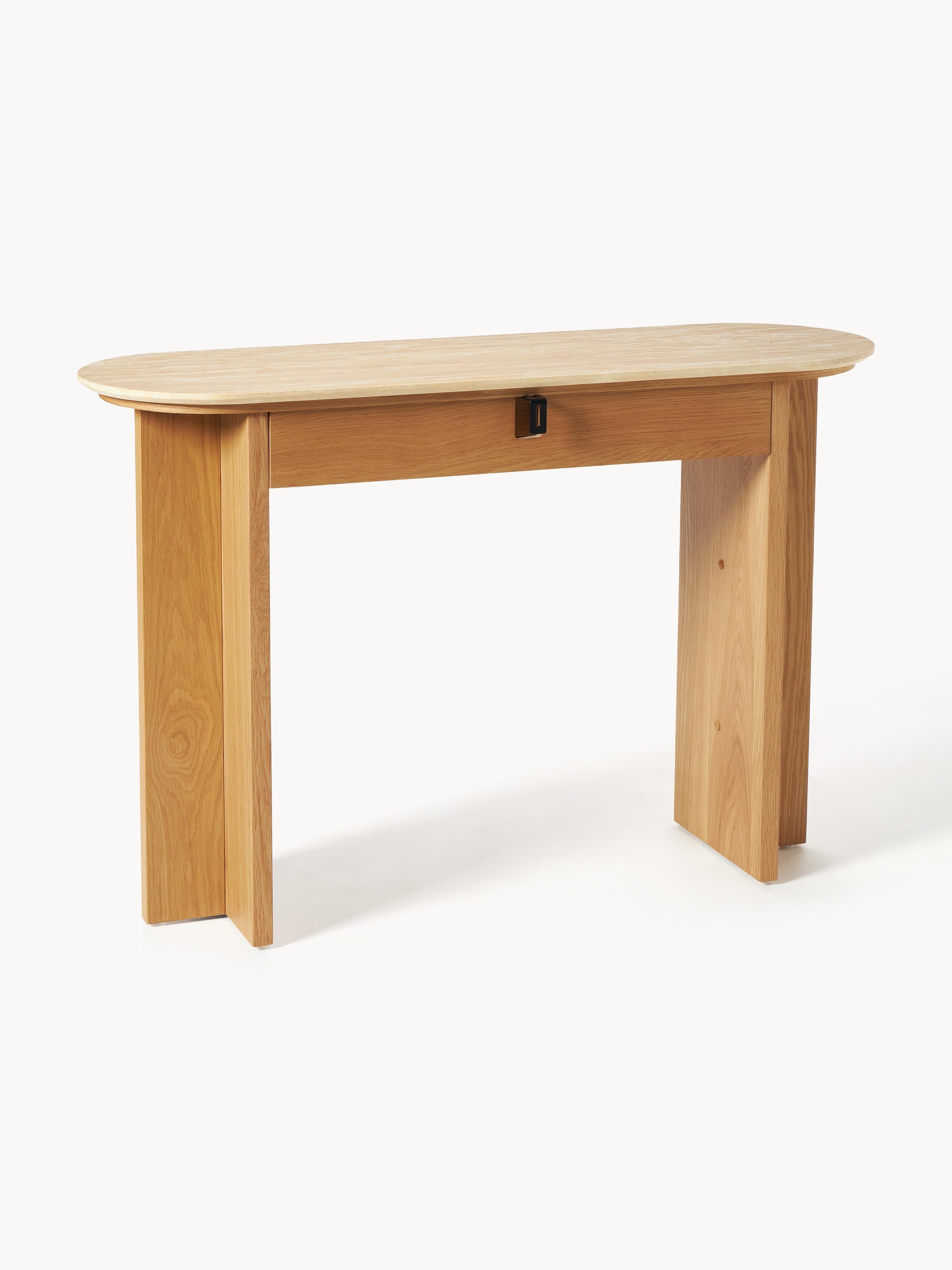 Holz-Konsole Zumi mit Travertinplatte und Schublade