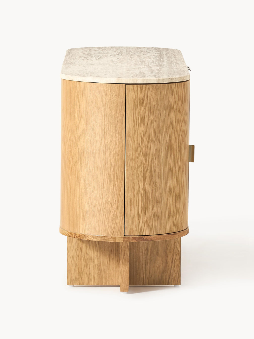 Holz-Sideboard Zumi mit abgerundeten Ecken und Travertinplatte