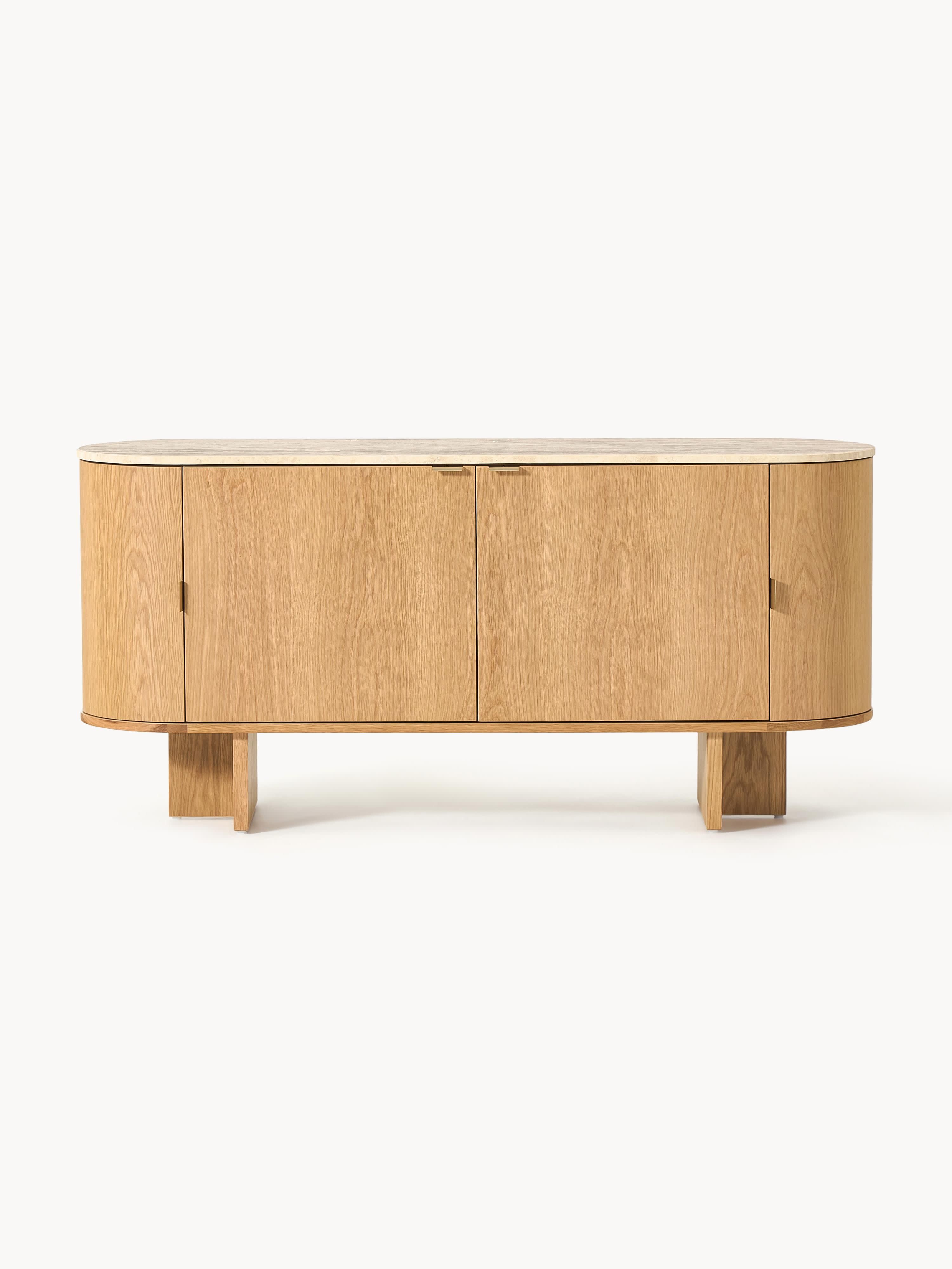 Holz-Sideboard Zumi mit abgerundeten Ecken und Travertinplatte