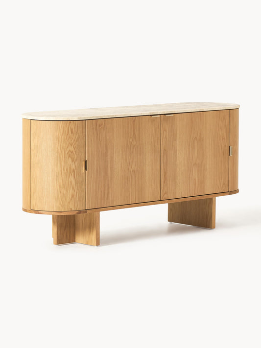Galeriebild 1 - Holz-Sideboard Zumi mit abgerundeten Ecken und Travertinplatte