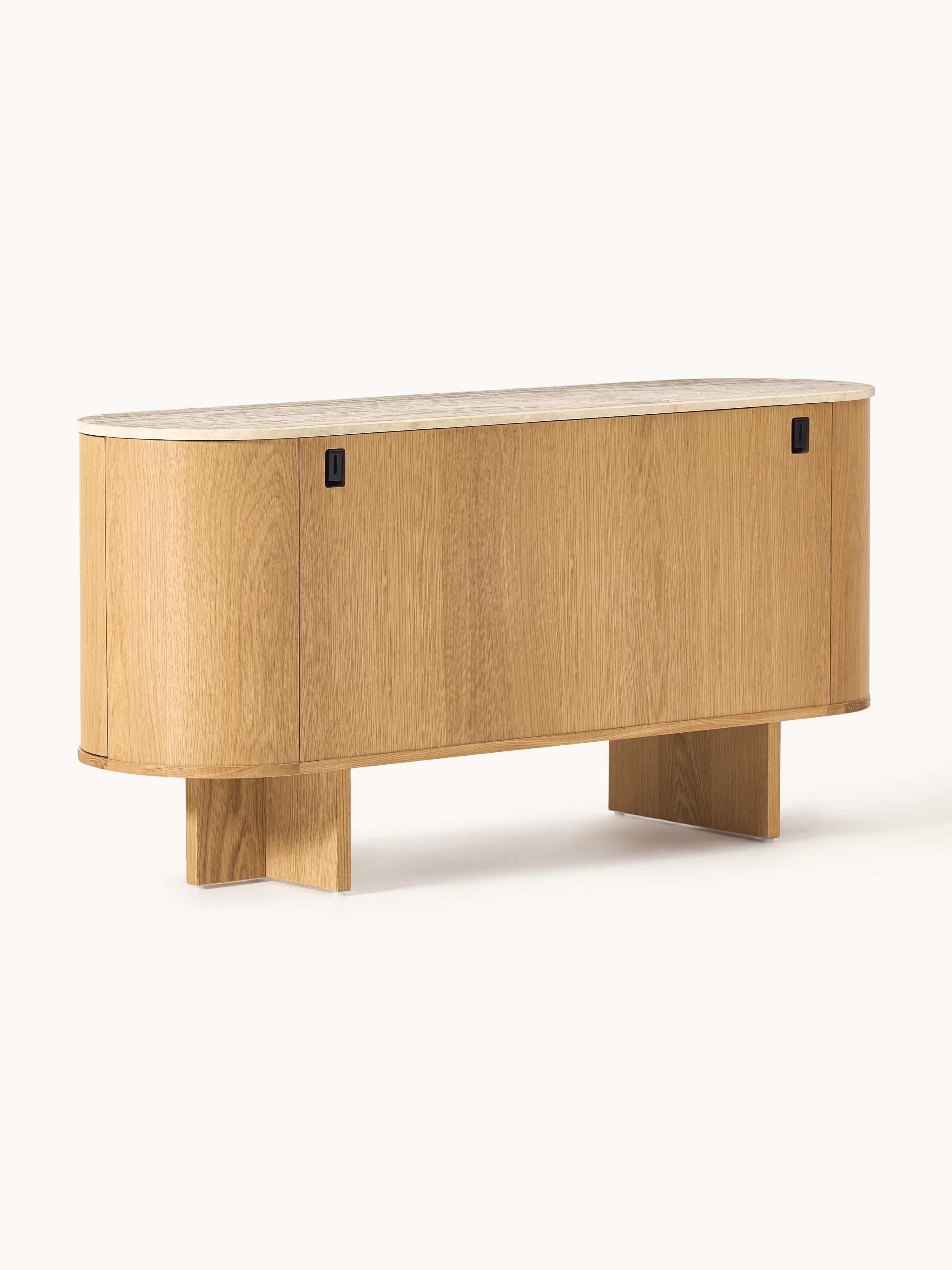 Holz-Sideboard Zumi mit abgerundeten Ecken und Travertinplatte