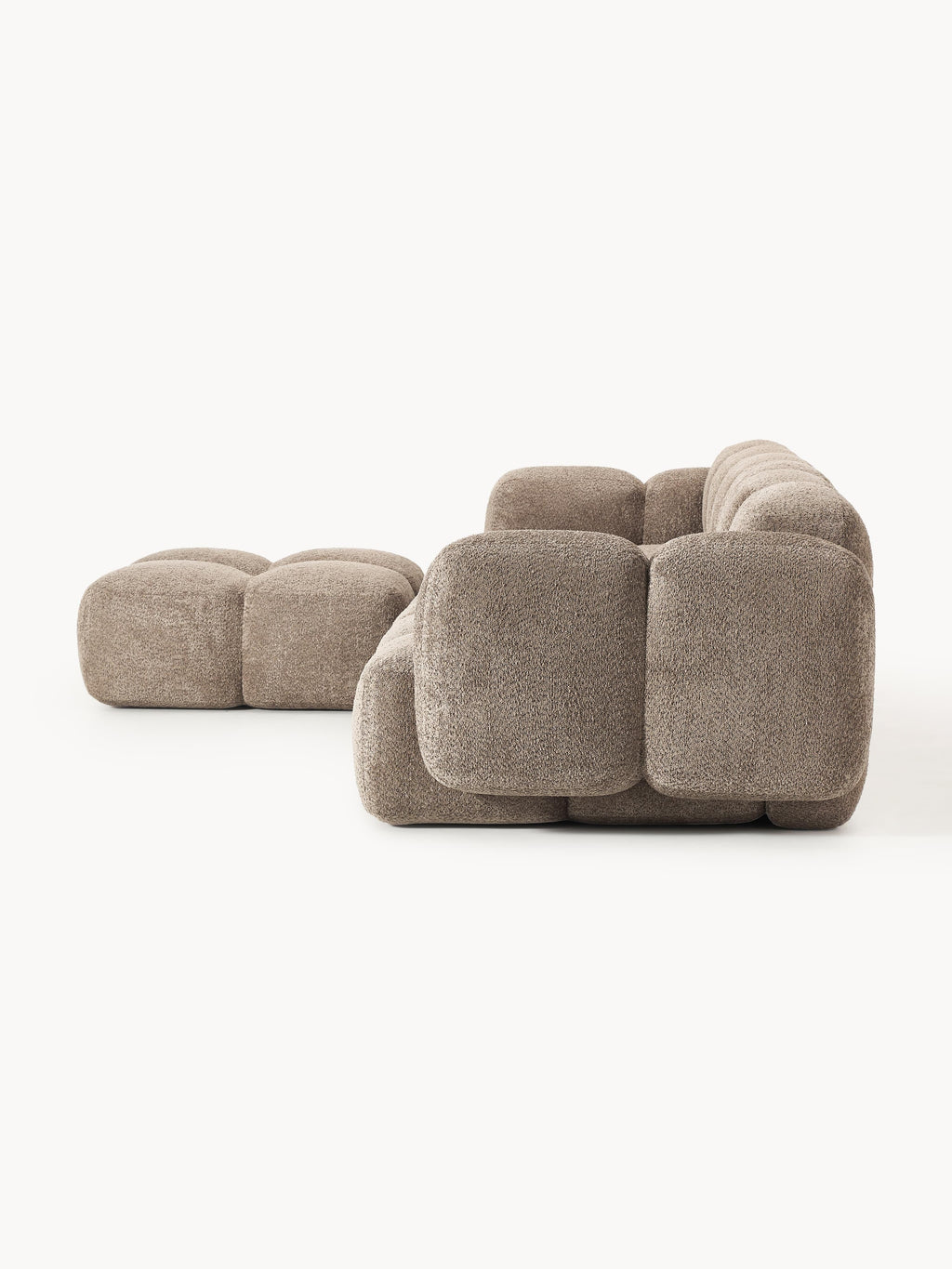 Modulares Sofa Tayla (4-Sitzer) aus Teddy-Bouclé mit Hocker (links/rechts)