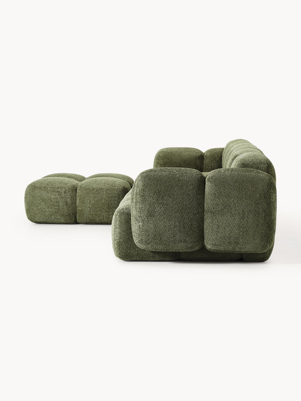 Modulares Sofa Tayla (4-Sitzer) aus Teddy-Bouclé mit Hocker (links/rechts)