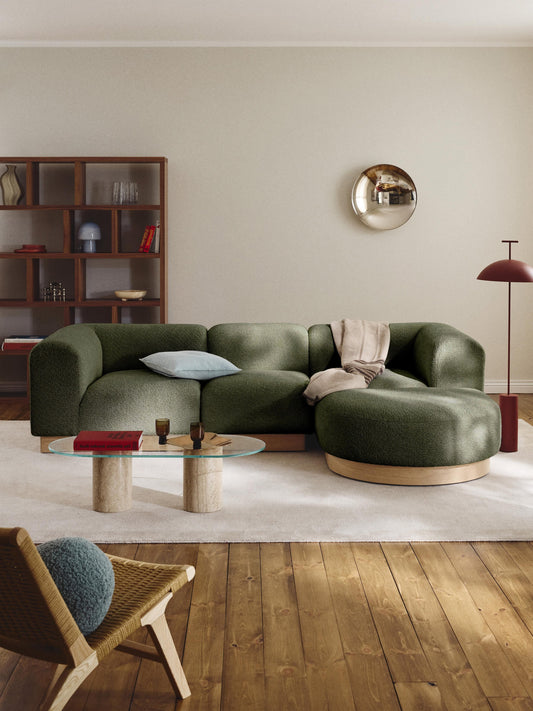 Modulares Sofa Natalie (3-Sitzer) aus Teddy-Bouclé mit Hocker (links/rechts)