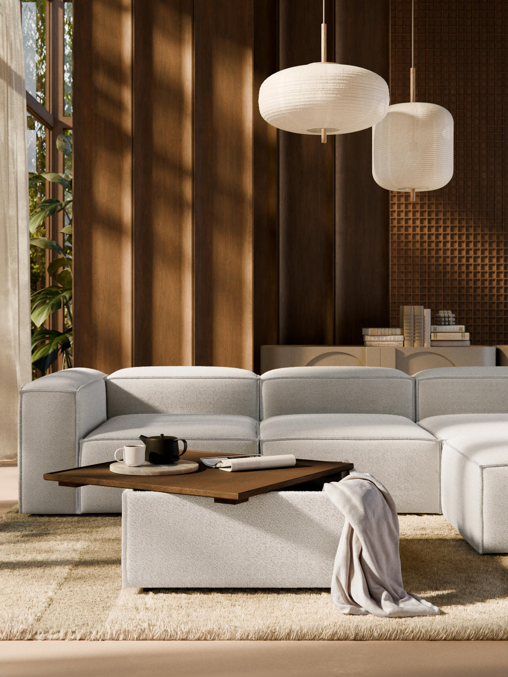 Sofa-Hocker Lennon aus Bouclé mit Stauraum
