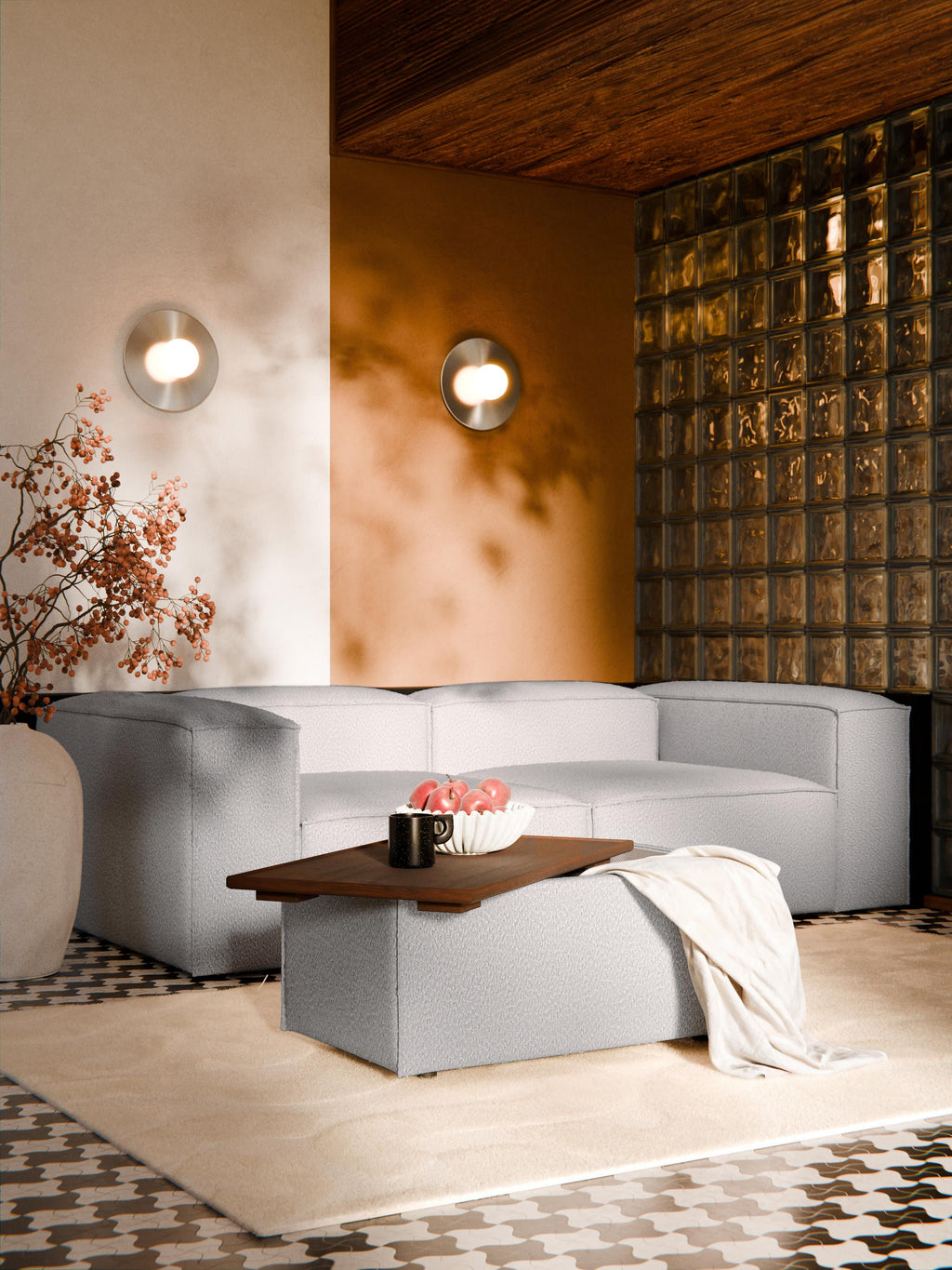 Sofa-Hocker Lennon aus Bouclé mit Stauraum