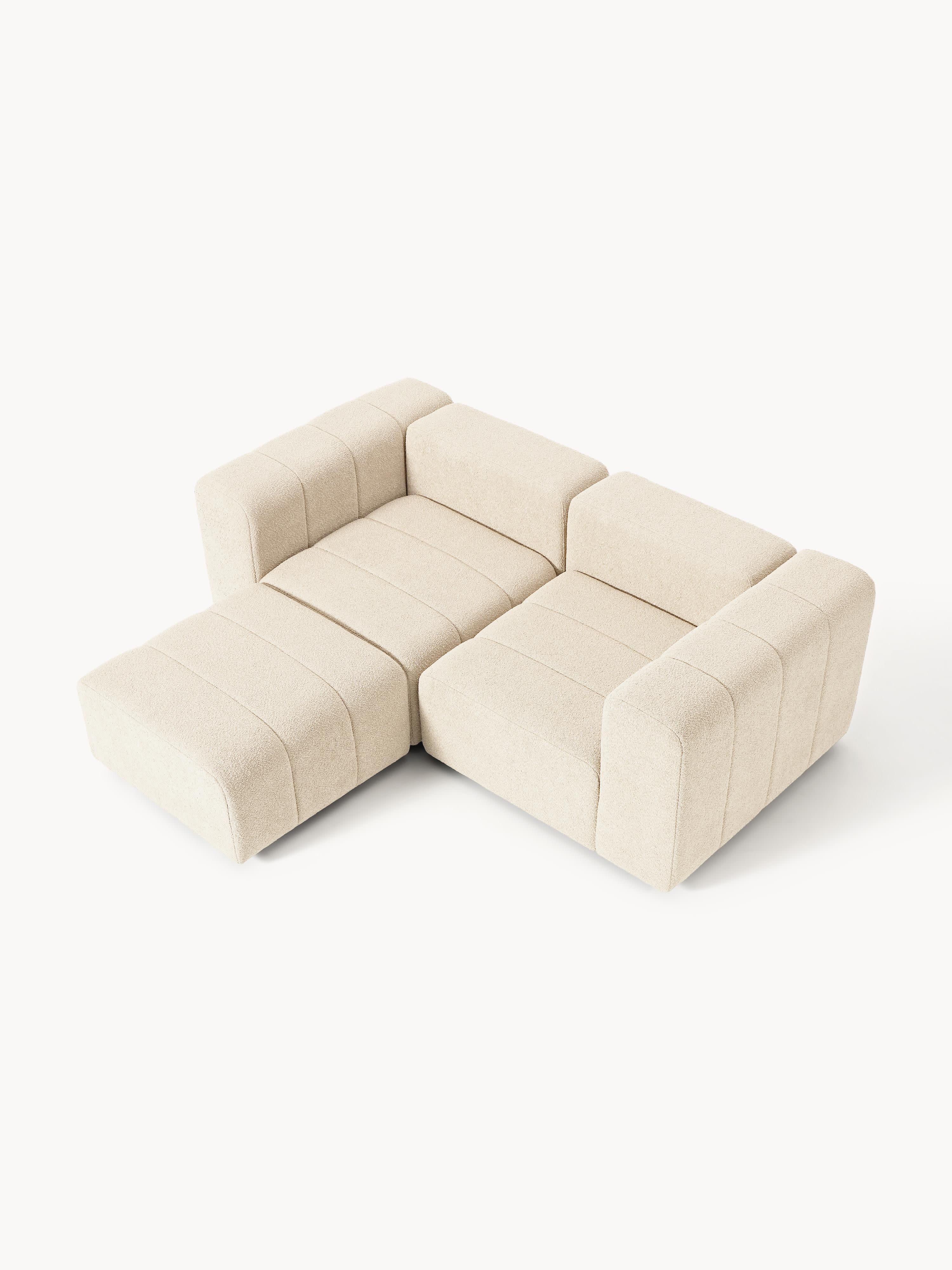 Modulares Bouclé-Sofa Lena (3-Sitzer) mit Hocker (links/rechts)