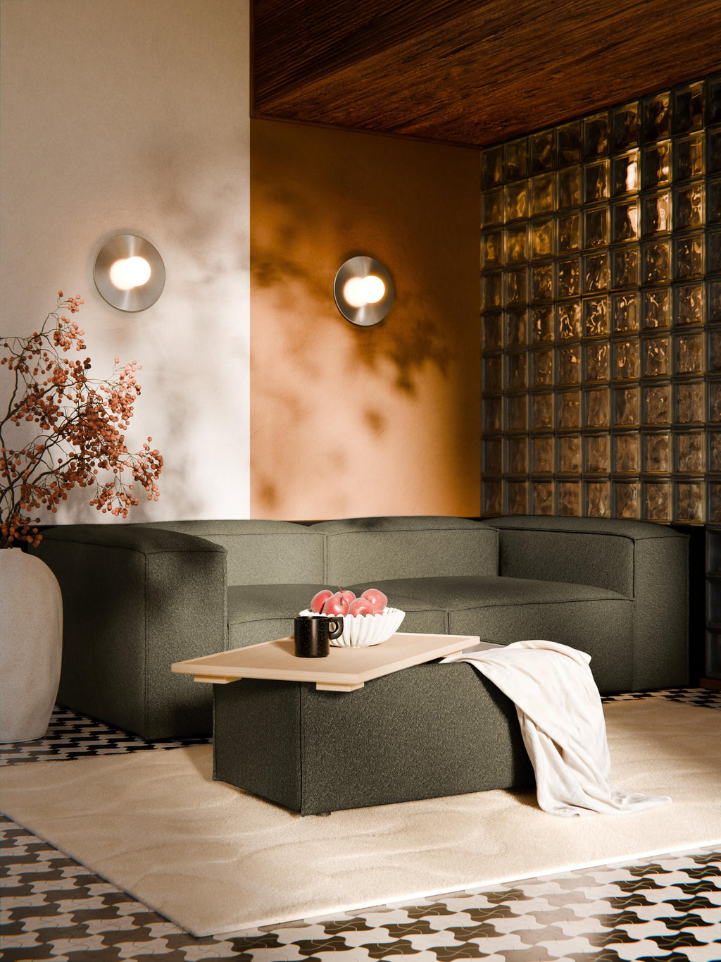 Sofa-Hocker Lennon aus Bouclé mit Stauraum