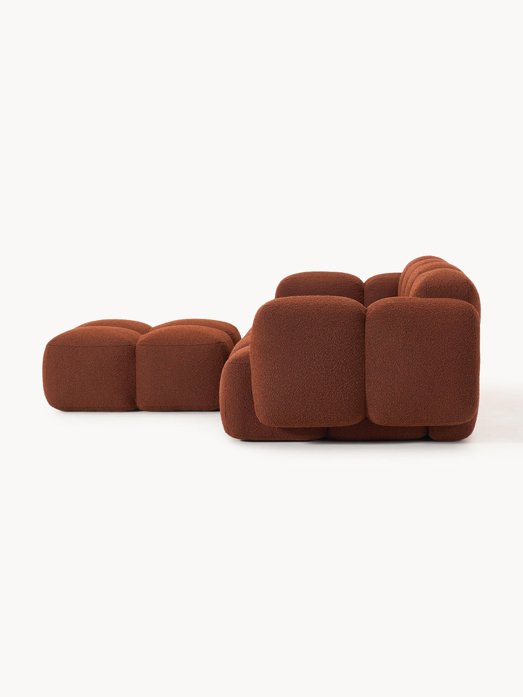 Modulares Sofa Tayla (3-Sitzer) aus Bouclé mit Hocker (links/rechts)