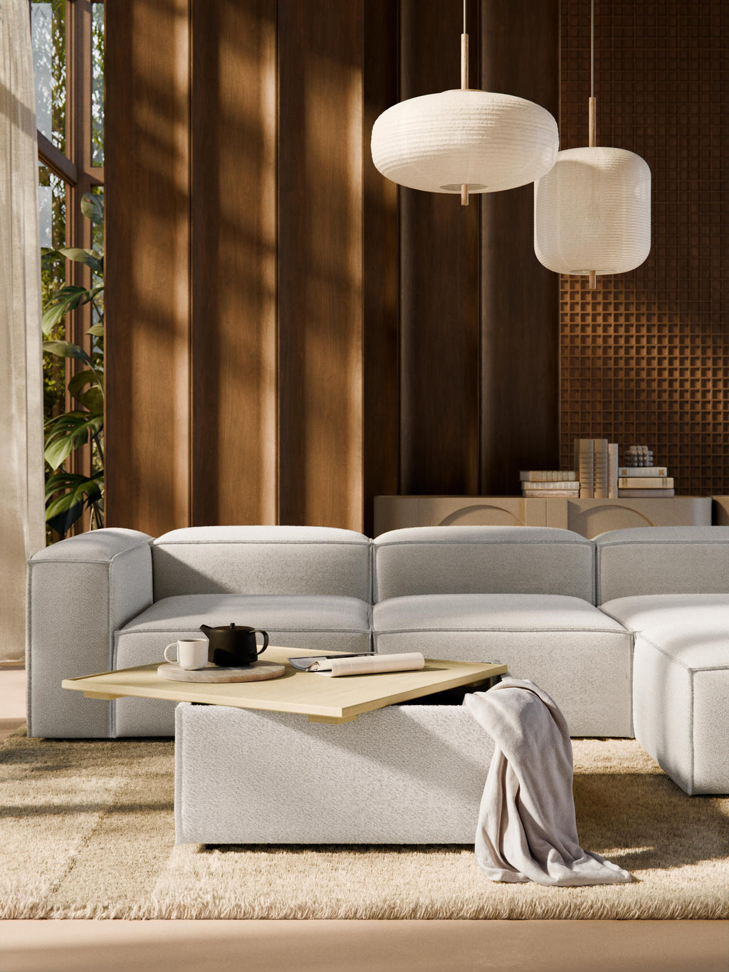 Sofa-Hocker Lennon aus Bouclé mit Stauraum