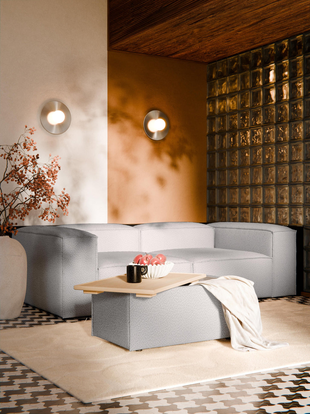 Sofa-Hocker Lennon aus Bouclé mit Stauraum