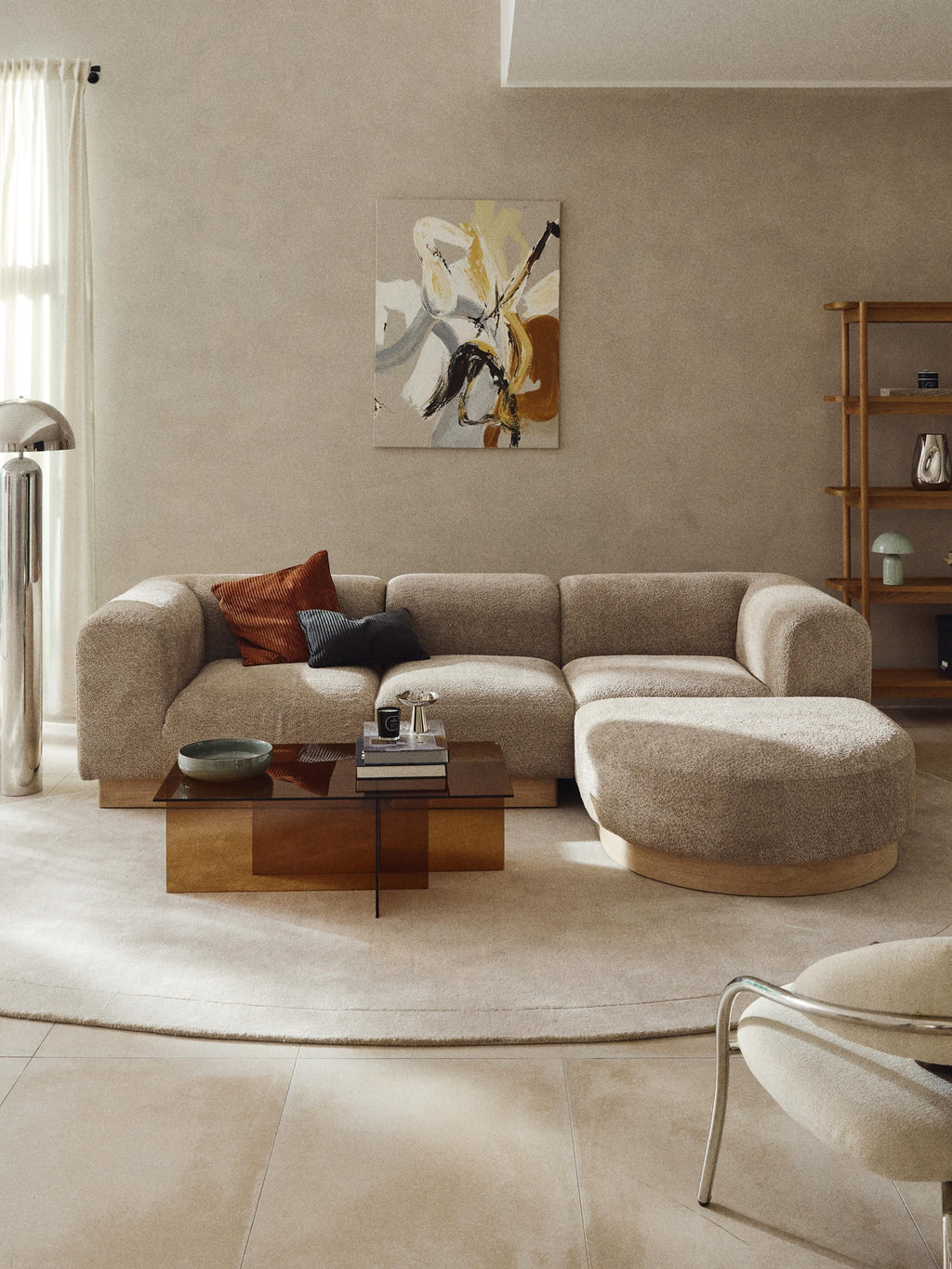 Modulares Sofa Natalie (3-Sitzer) aus Teddy-Bouclé mit Hocker (links/rechts)
