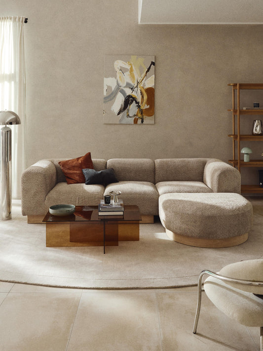 Modulares Sofa Natalie (3-Sitzer) aus Teddy-Bouclé mit Hocker (links/rechts)