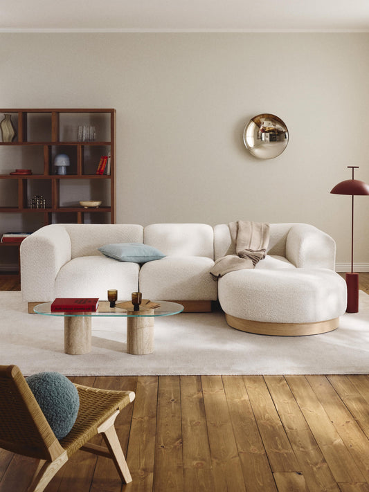 Modulares Sofa Natalie (3-Sitzer) aus Teddy-Bouclé mit Hocker (links/rechts)