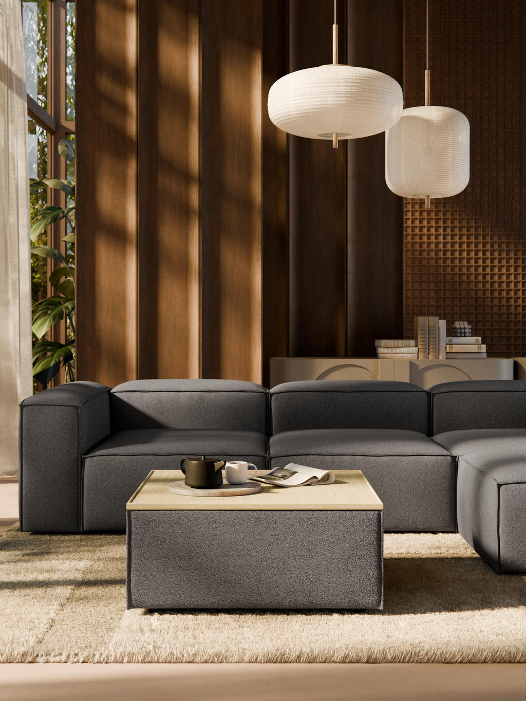 Sofa-Hocker Lennon aus Bouclé mit Stauraum