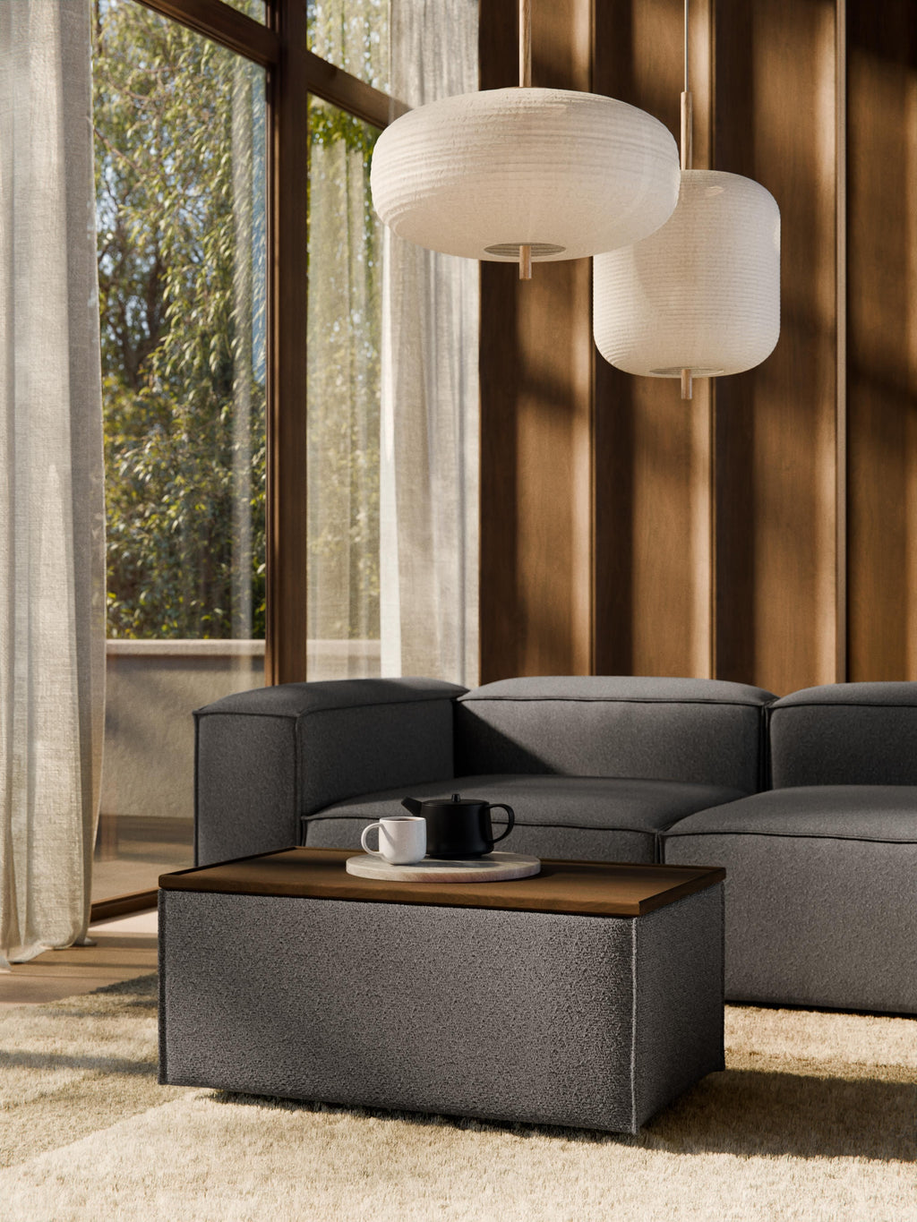 Sofa-Hocker Lennon aus Bouclé mit Stauraum
