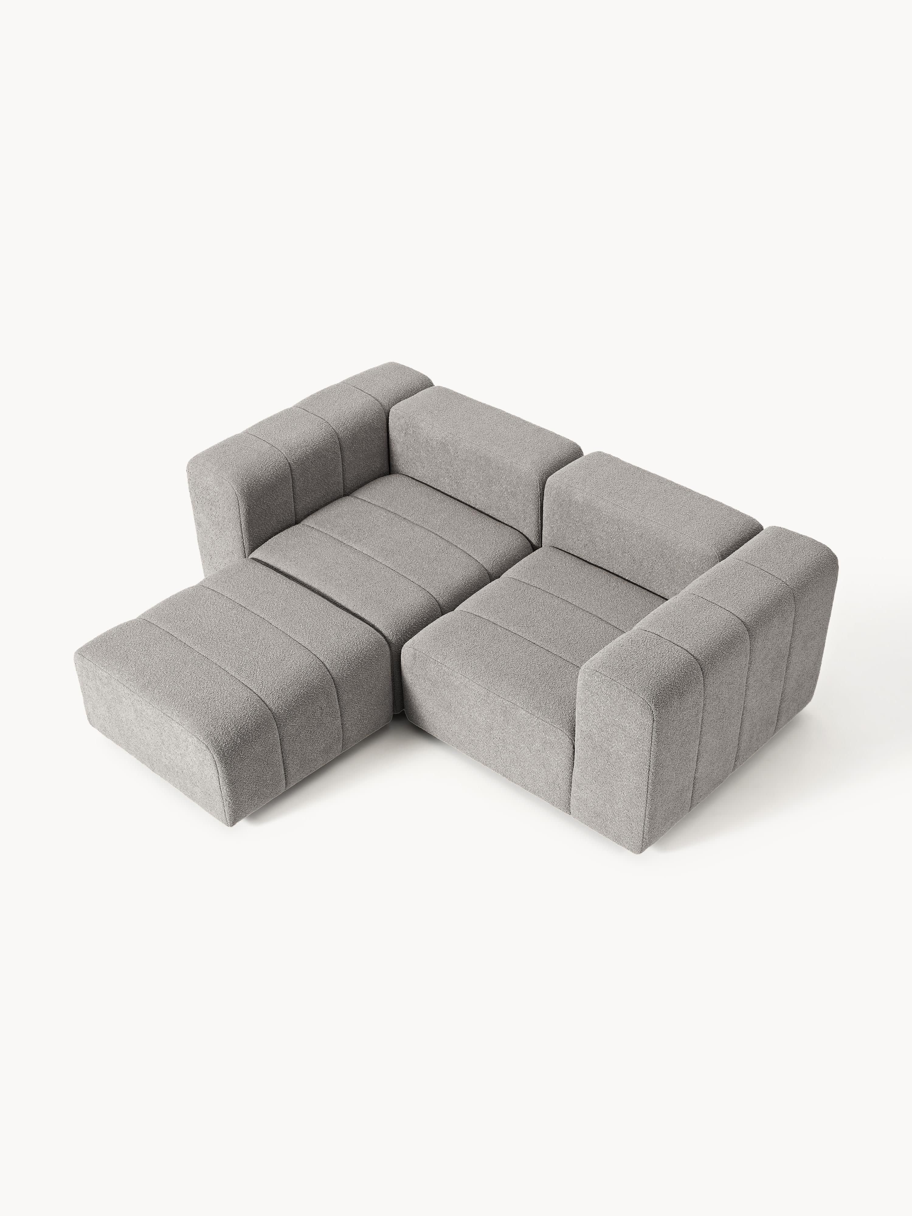 Modulares Bouclé-Sofa Lena (3-Sitzer) mit Hocker (links/rechts)