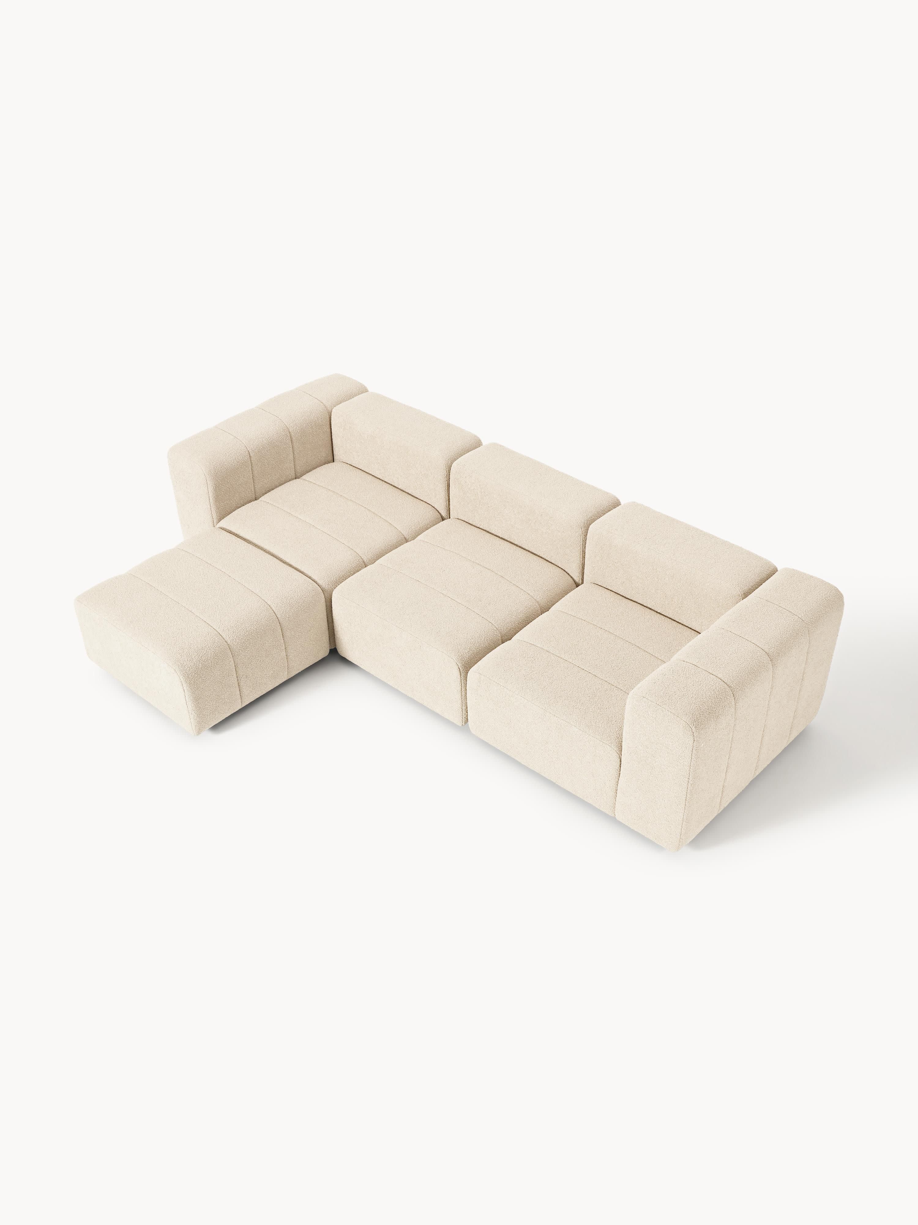 Modulares Bouclé-Sofa Lena (4-Sitzer) mit Hocker (links/rechts)