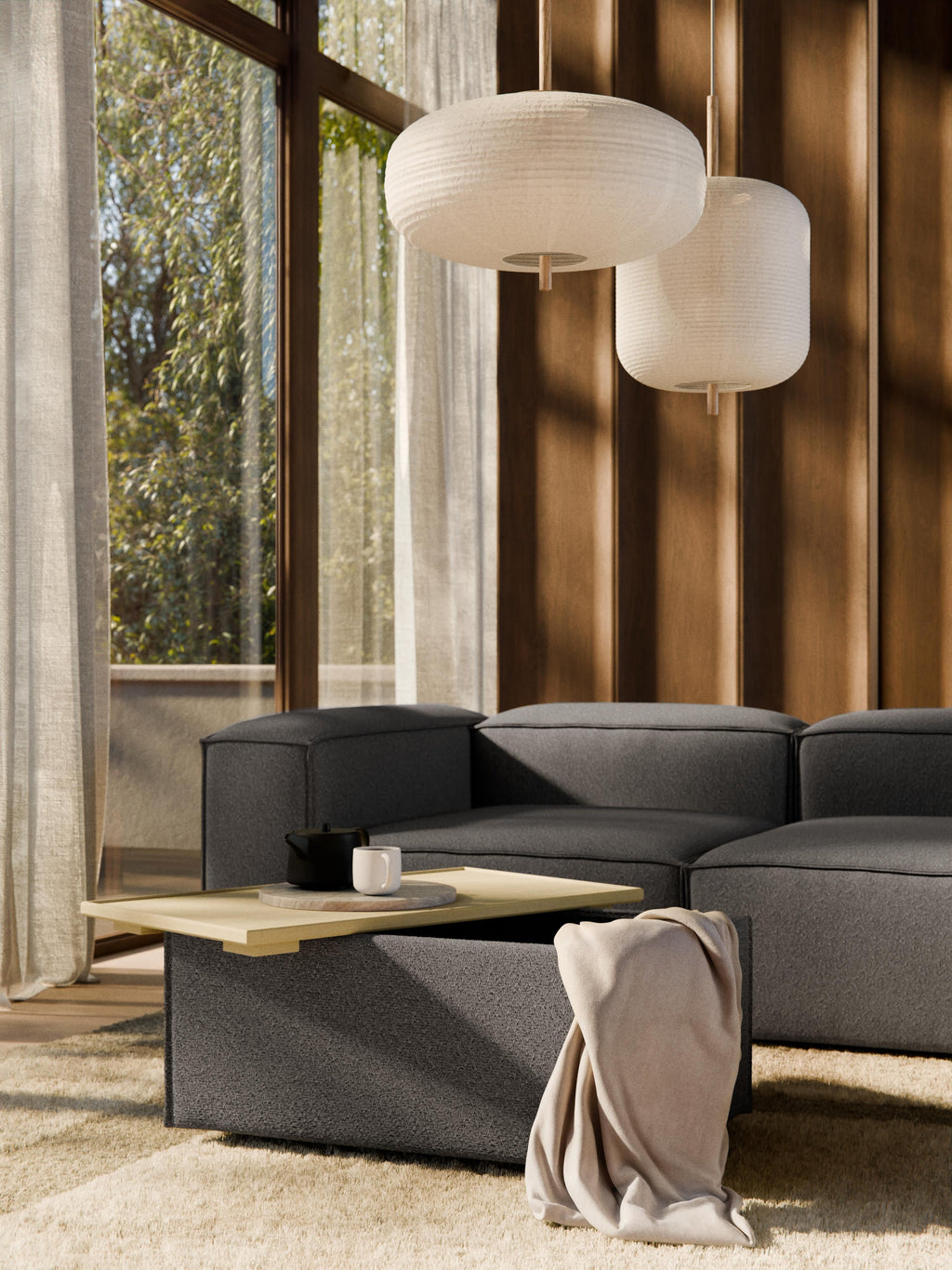 Sofa-Hocker Lennon aus Bouclé mit Stauraum