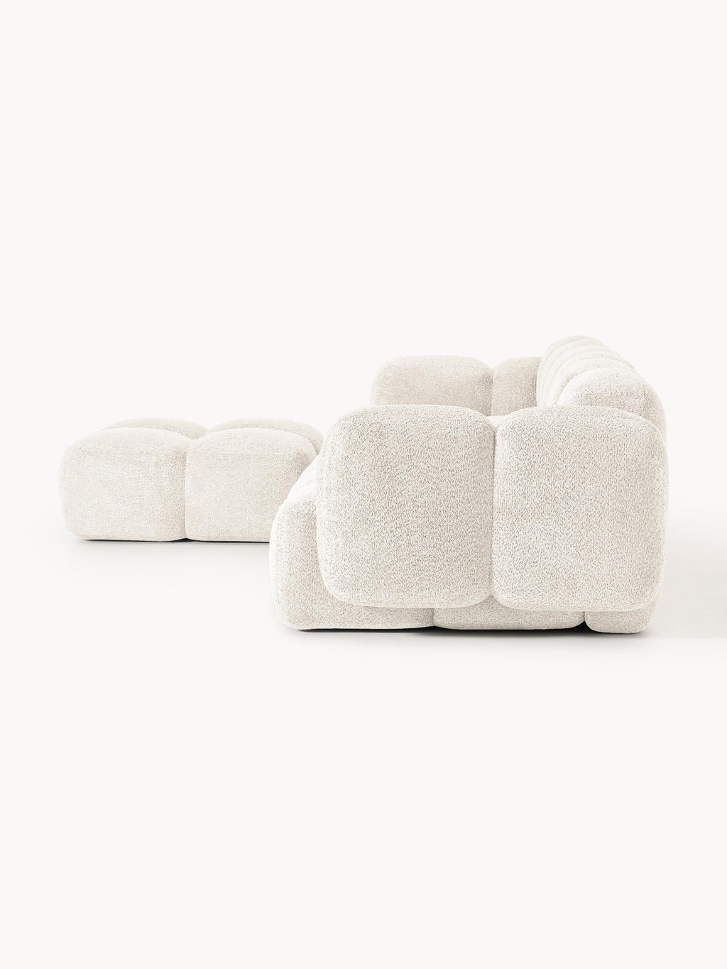 Modulares Sofa Tayla (4-Sitzer) aus Teddy-Bouclé mit Hocker (links/rechts)