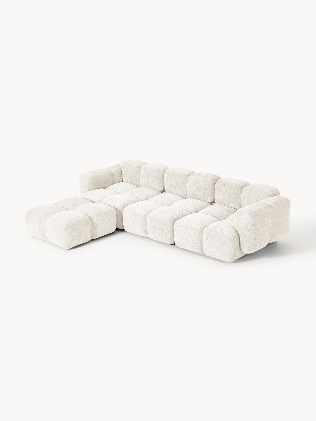 Modulares Sofa Tayla (4-Sitzer) aus Teddy-Bouclé mit Hocker (links/rechts)
