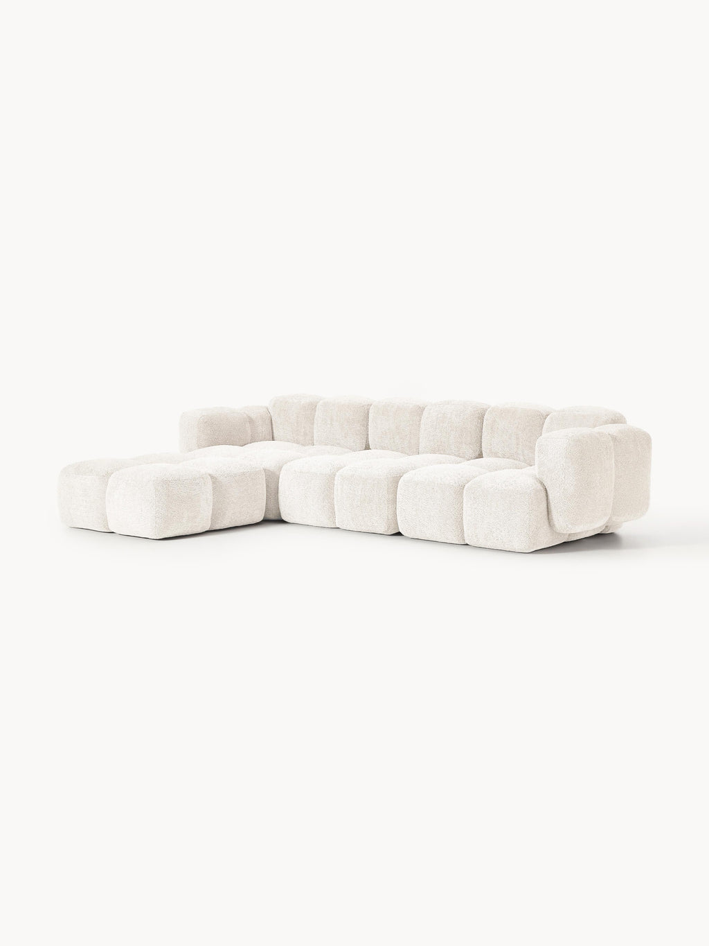 Modulares Sofa Tayla (4-Sitzer) aus Teddy-Bouclé mit Hocker (links/rechts)
