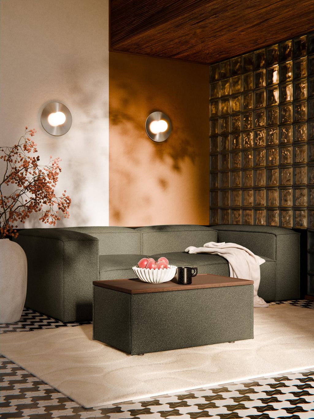 Sofa-Hocker Lennon aus Bouclé mit Stauraum
