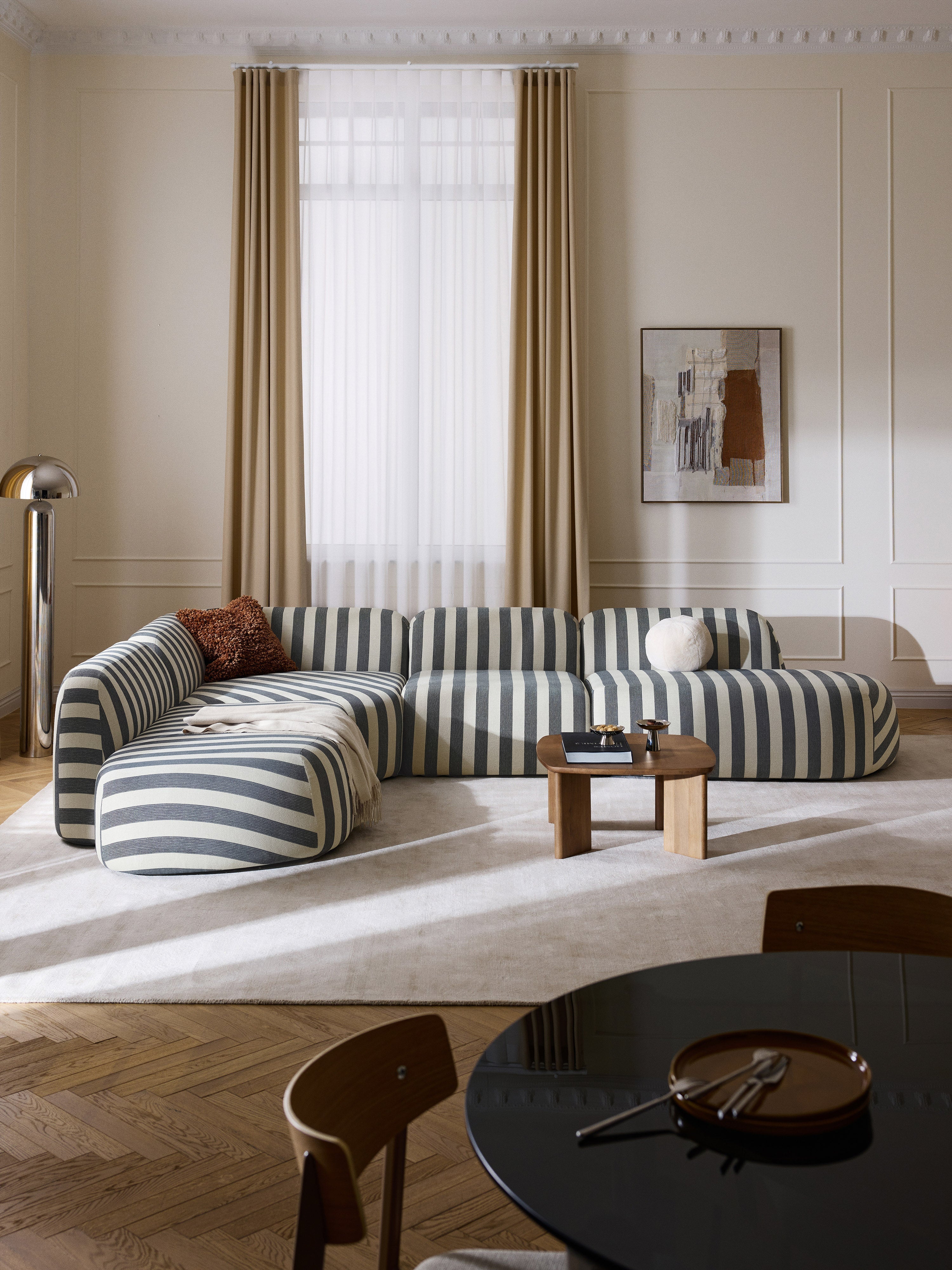 Modulares Gestreiftes XL-Ecksofa Wolke mit Chaiselongue