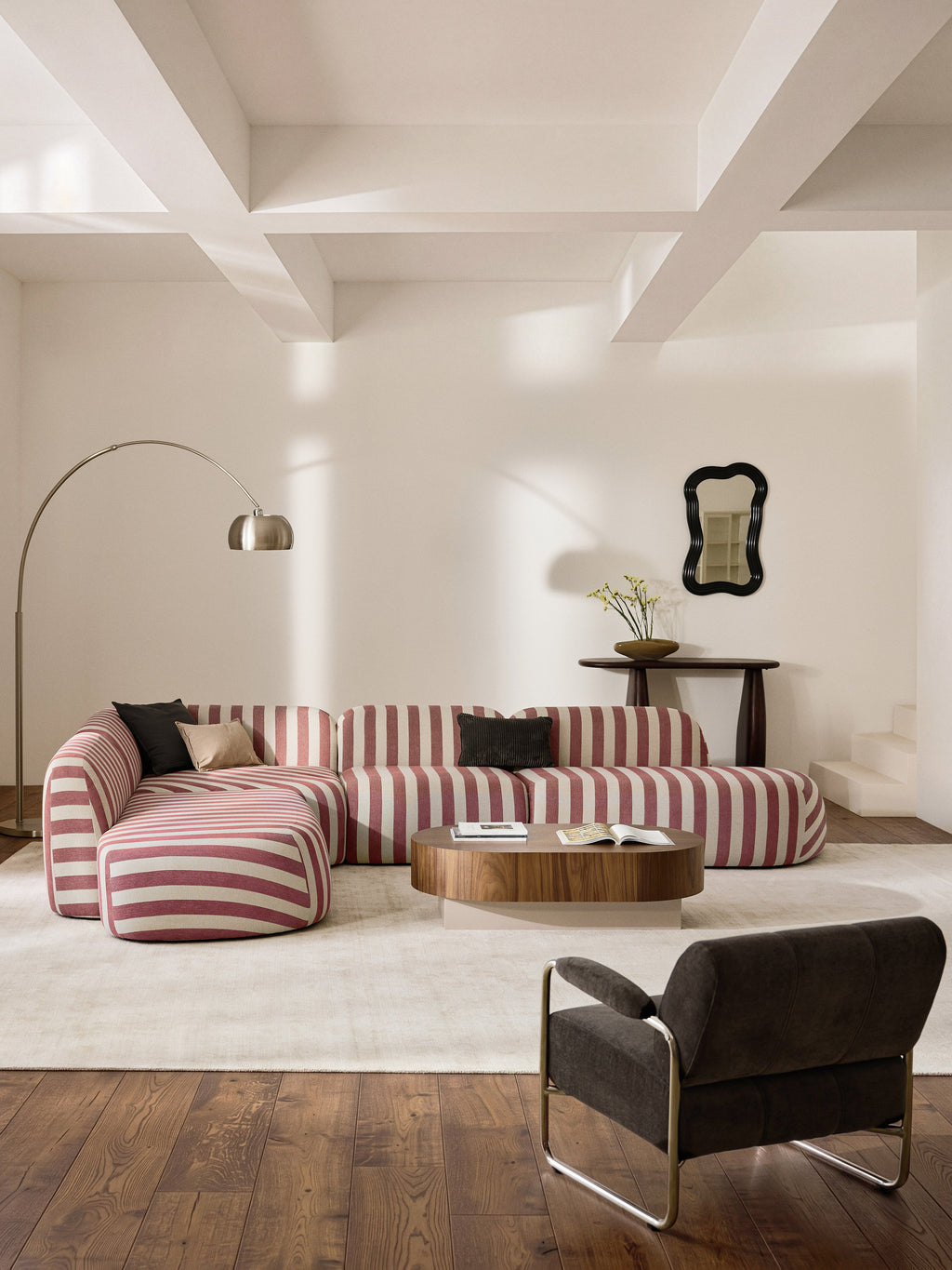 Modulares Gestreiftes XL-Ecksofa Wolke mit Chaiselongue
