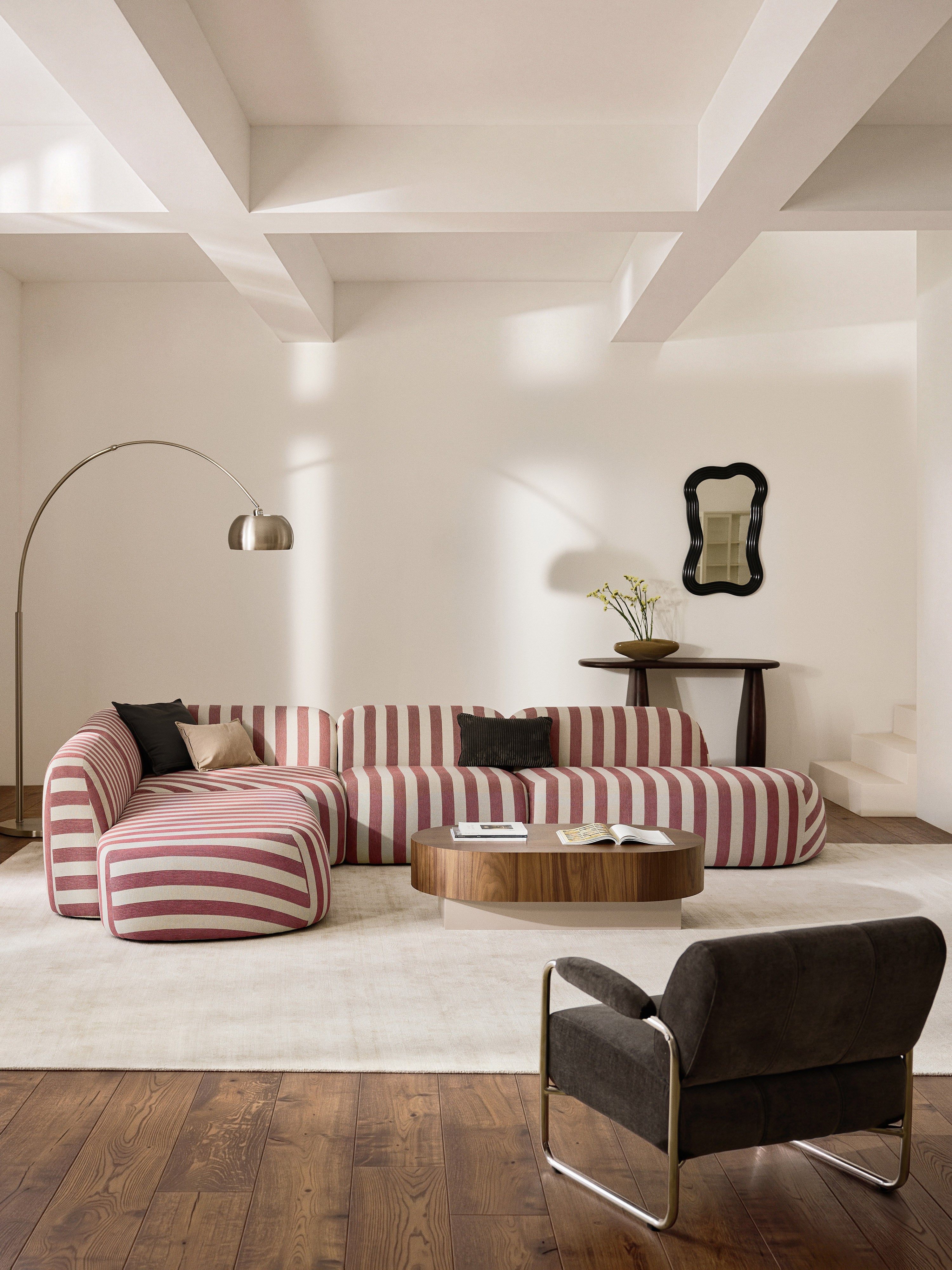 Modulares Gestreiftes XL-Ecksofa Wolke mit Chaiselongue