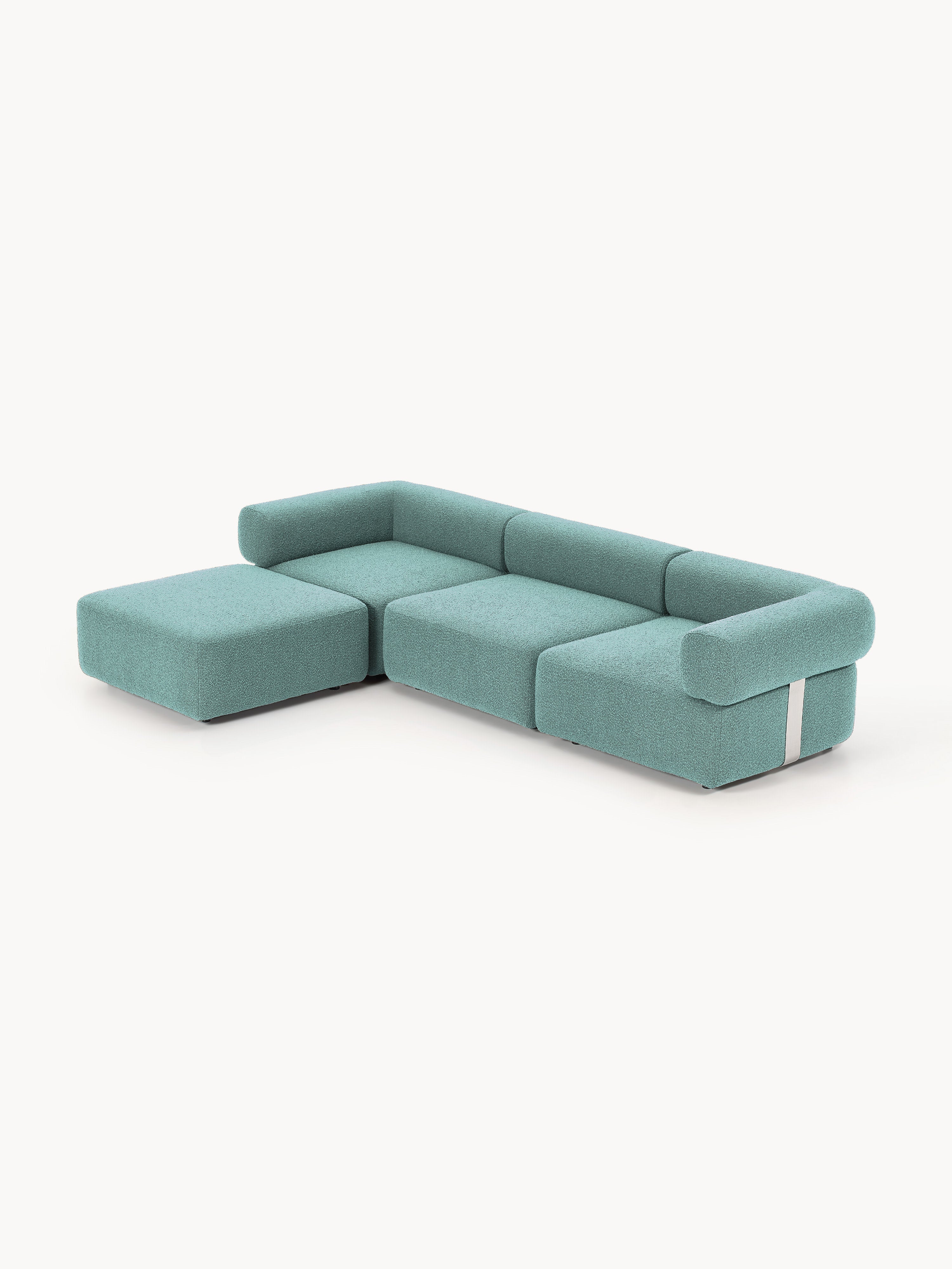 Modulares Bouclé-Sofa Anton (4-Sitzer) mit Hocker (links/rechts)