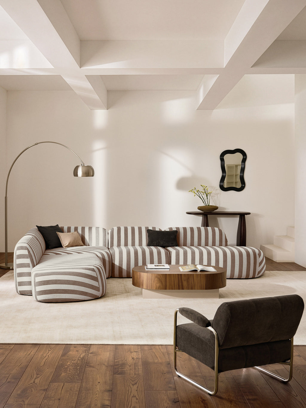 Modulares Gestreiftes XL-Ecksofa Wolke mit Chaiselongue