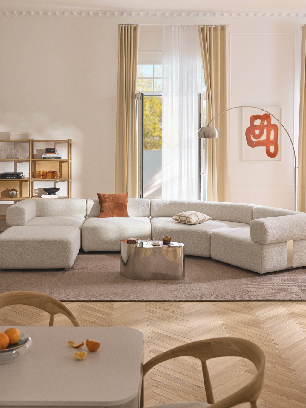 Großes modulares Bouclé-Sofa Anton mit Hocker (links/rechts)
